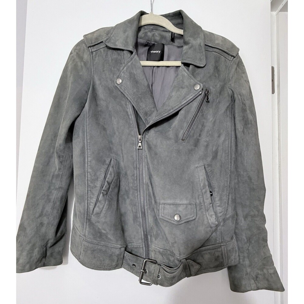 Theory Lambskin Suede Leather Biker Jacket Soft Rich Size Small Gray